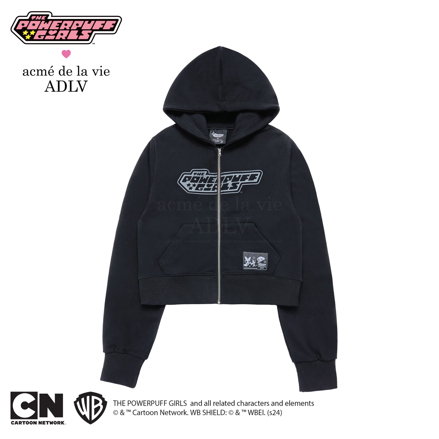 The Powerpuff Girls x acmedelavie Heart cut-out logo crop hoodie zip-up BLACK