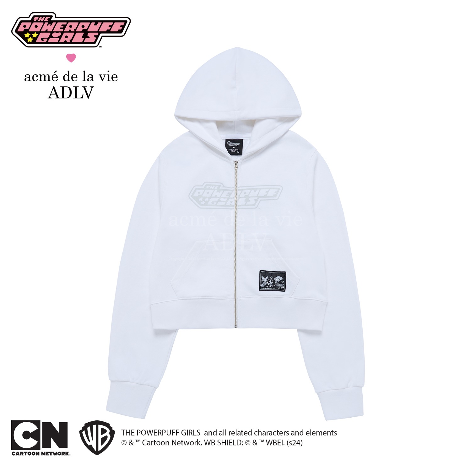 The Powerpuff Girls x acmedelavie Heart cut-out logo crop hoodie zip-up WHITE